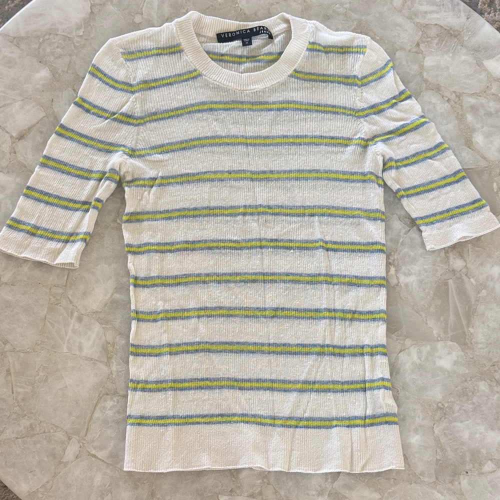 Veronica Beard White Knit Top with Green and Blue Stripes Linen M